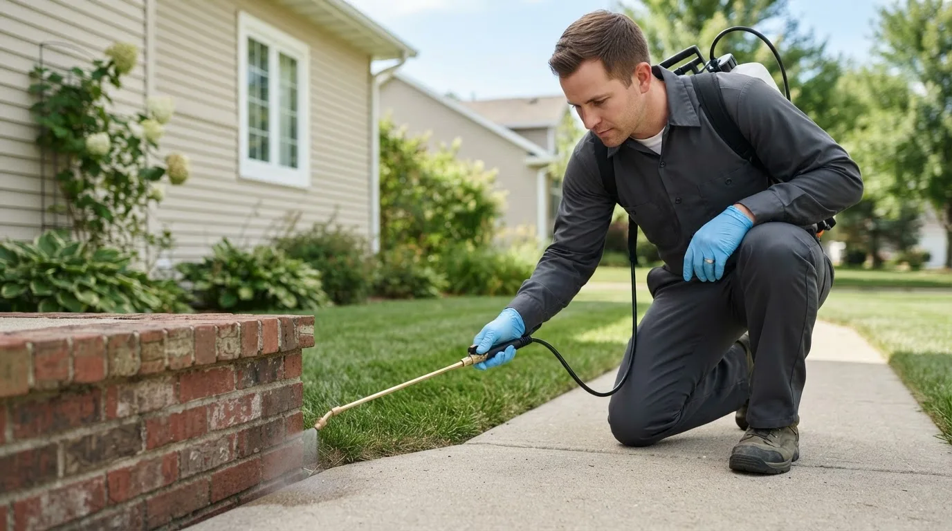 Pest control technician treating a home near Richwood, OH